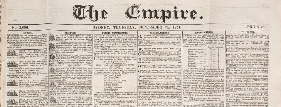 The front page of The Empire newspaper dated Thursday September 24, 1857.