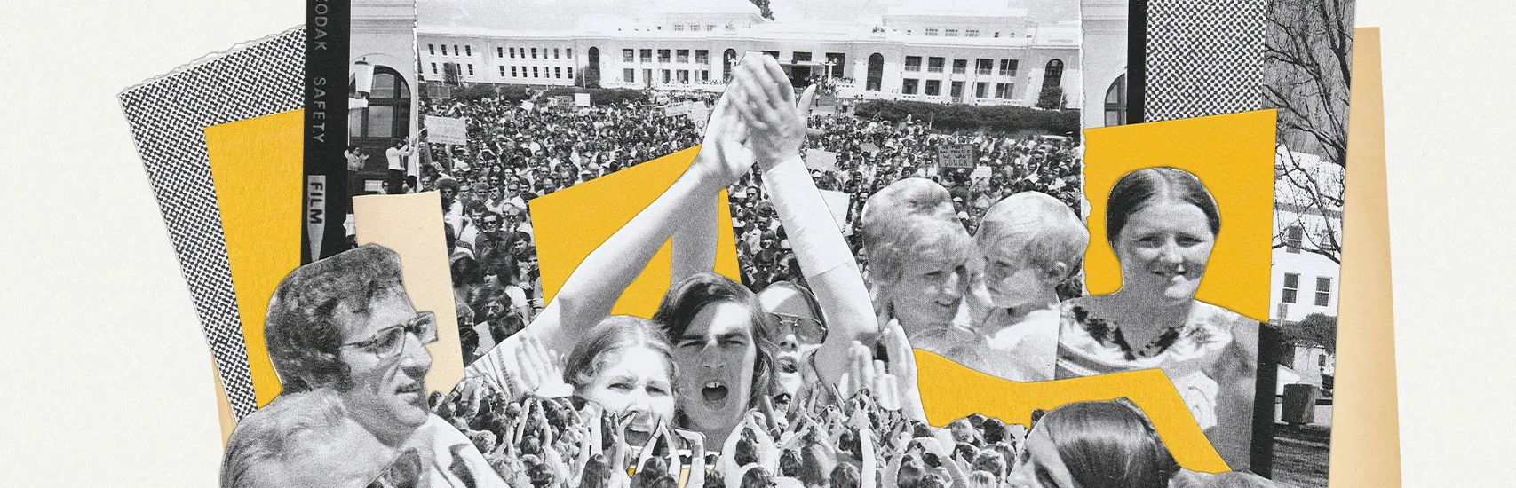 A collage of crowds outside Old Parliament House protesting.