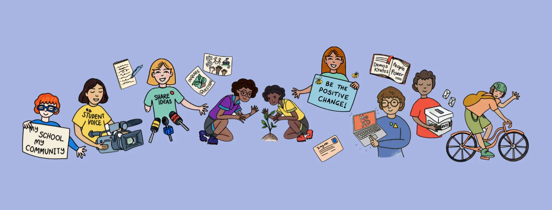 Illustrations of students doing civic engagement activities like planting a tree.