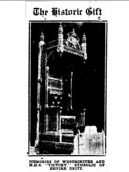 Black and white newspaper clipping with the heading 'The Historic Gift', with a photograph of the Speaker's Chair.