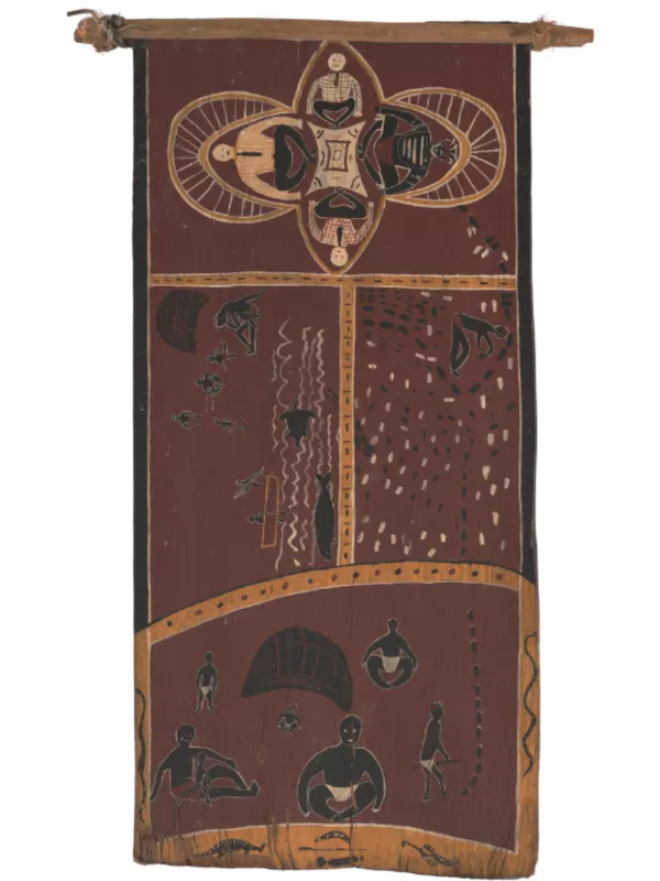 A long rectangular bark painting, divided into four scenes depicting people interacting in different ways.