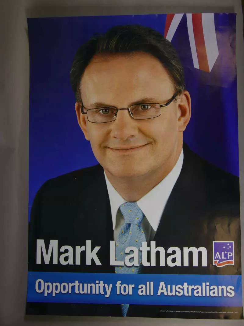 ALP Campaign Poster with Mark Latham and the slogan 'Opportunity for all Australians'.