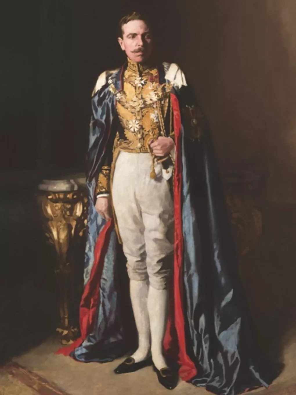 Lord Thomas Denman, wearing ceremonial dress uniform with a red, white and blue cape.