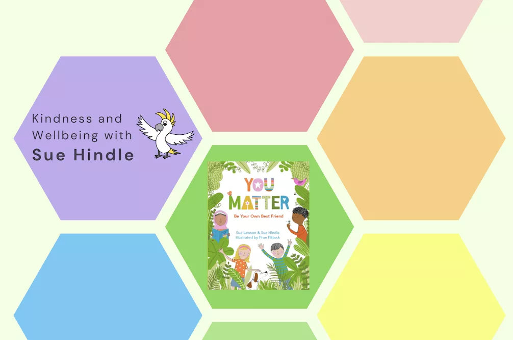 Hexagonal shapes featuring a book cover entitled 'You Matter' and featuring four children and a dog surrounded by green leaves.