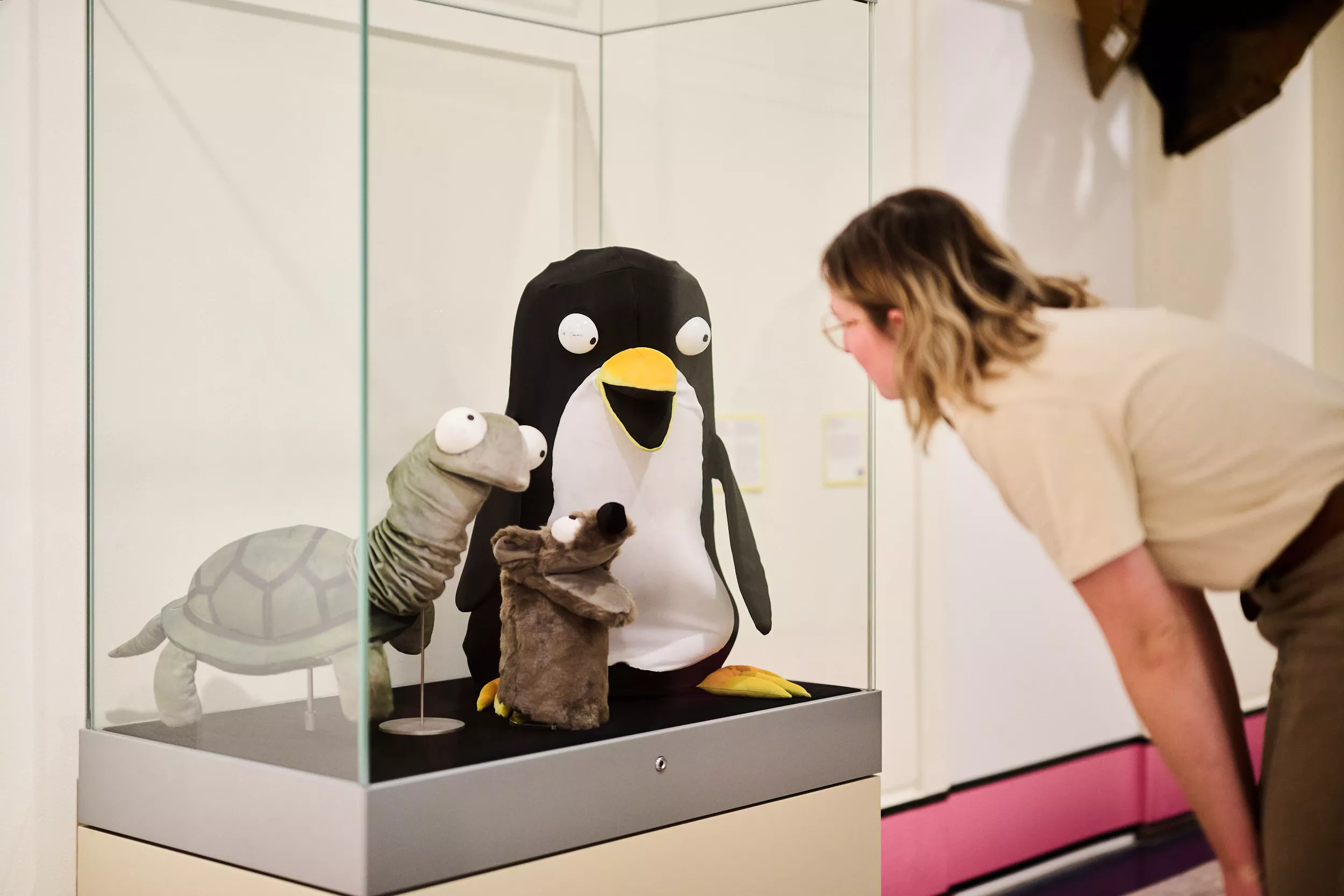 A person looks at a glass cabinet containing plush puppets of a penguin, turtle and dog.