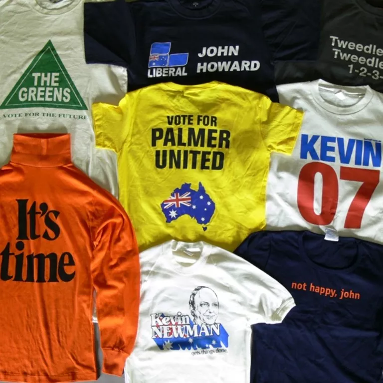 A group of political t-shirts from the Museum of Australian Democracy collection.