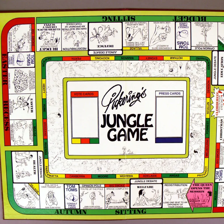 A colourful board game entitled 'Pickering's Jungle Game', illustrated with various political figures and themes.
