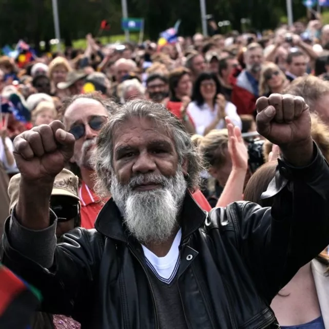 Reg Edwards watched Kevin Rudd’s Apology on screens on Federation Mall, outside Parliament House, on 13 February 2008.