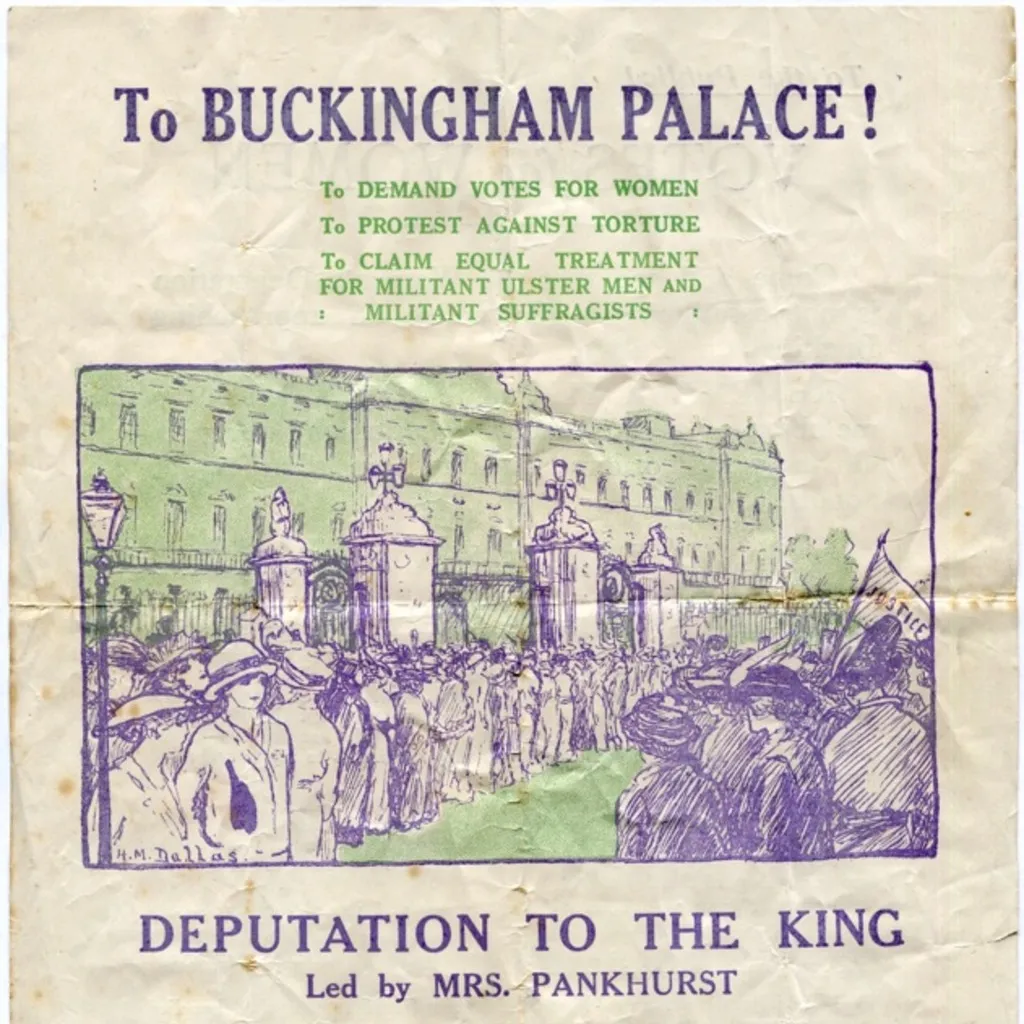 A leaflet printed in green and purple text entitled 'To Buckingham Palace' and illustrated with a sketch depicting a crowd of women marching.