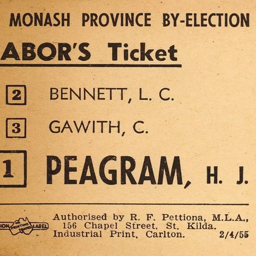 A Labor how-to-vote card for the Monash province by-election, with a '1' next to 'Peagram, H.J.'