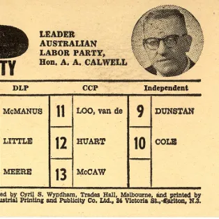 ALP How to vote card for the Batman Federal Electorate and for the Senate, with a headshot portrait of A. A. Calwell.