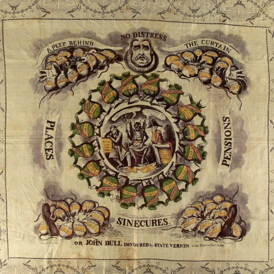 A silk handkerchief, with an ornate patterned border, and an illustration depicting a man being eaten alive by rats whilst a circle of green money bags dances in a ring.