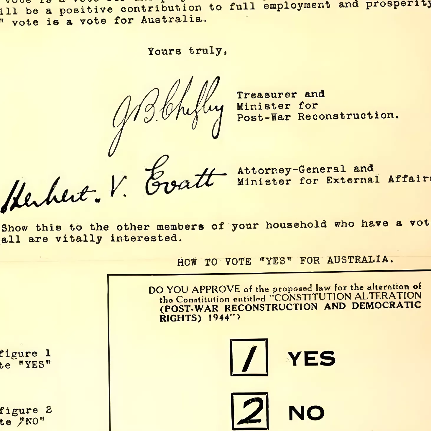 An excerpt from a how to vote card from the 1944 referendum on post-war reconstruction and democratic rights.