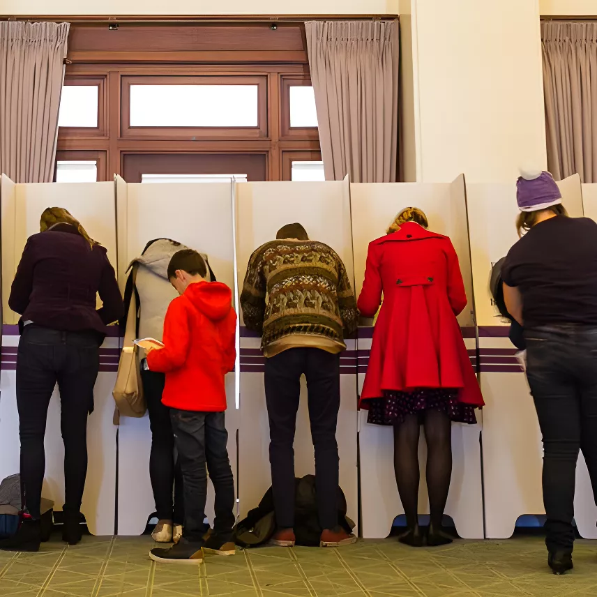 A line of twelve people, each standing at a cardboard voting booth.