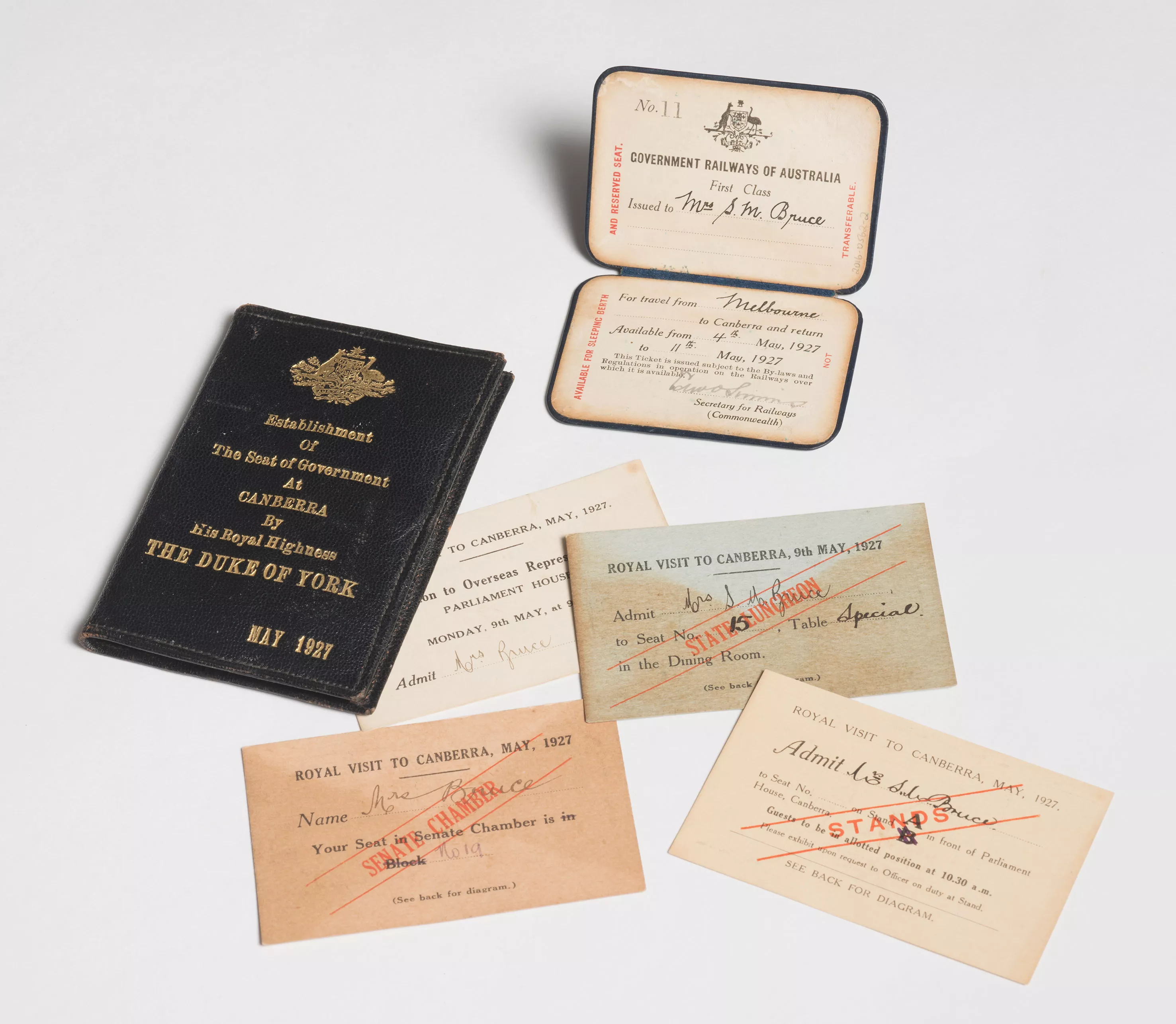 Ethel Bruce&#039;s rail pass and tickets to the opening of Parliament House