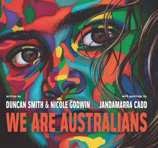 Cover of We Are Australians depicts a young Australian face with abstract colours.