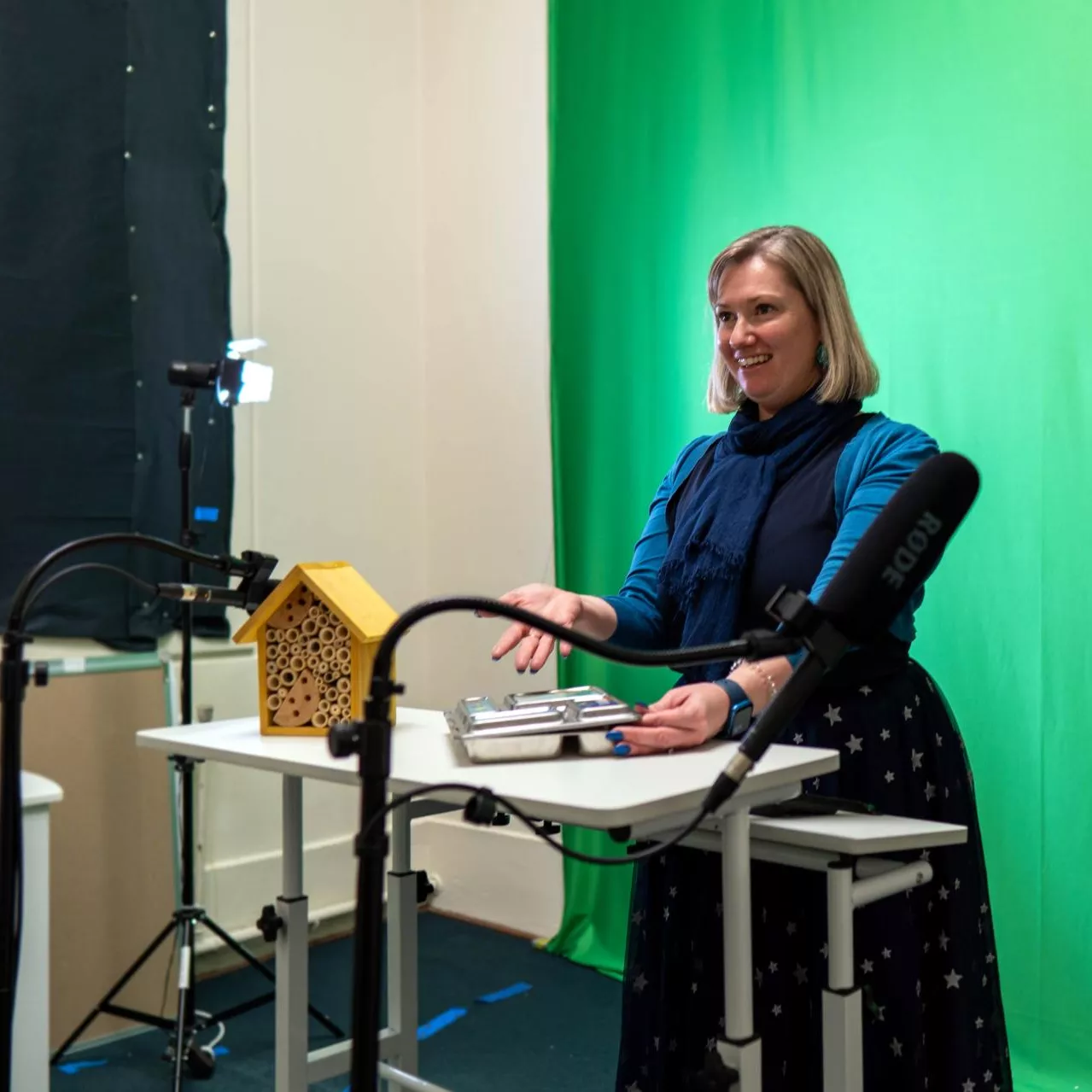 A person presents in front of a green screen