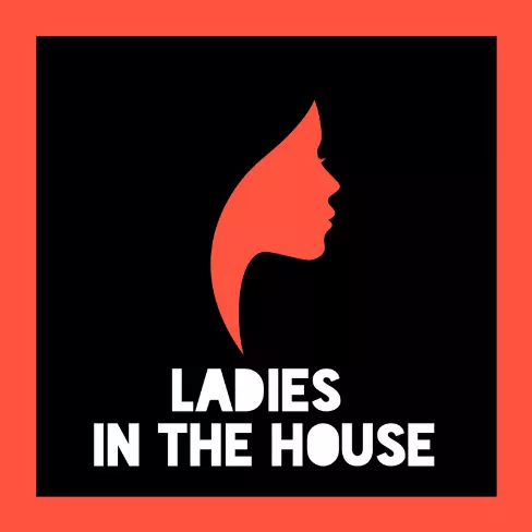 A black tile with red border and silhouette of a woman's face along with the MoAD logo and "Ladies in the house' text in white