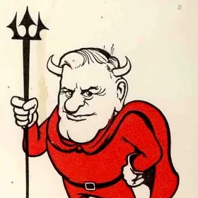 'How to vote' card for the Victorian Legislative Council, with a caricature of Percy Feltham with horns wearing a red suit and cape and holding a trident.