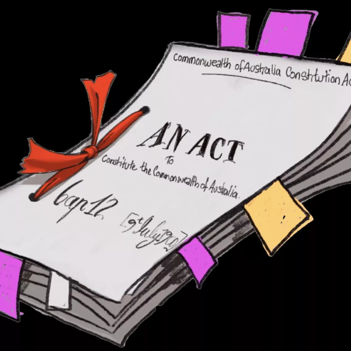 A cartoon of the Constitution with a red binding and the words 'An Act to Constitute the Commonwealth of Australia'.