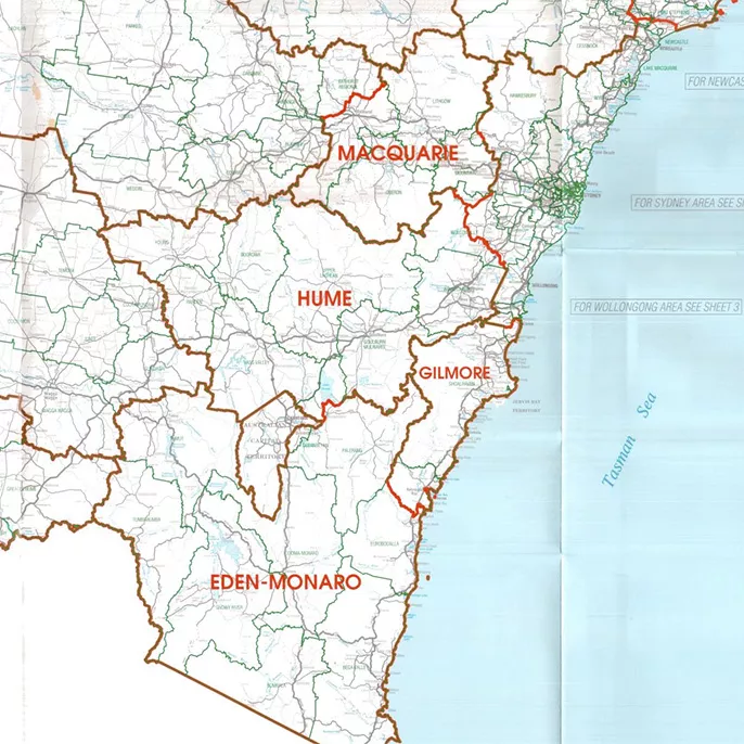 Map section of New South Wales showing the borders of its federal seats.