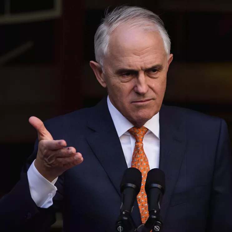 Photograph of Richard Nixon next to a photograph of Malcolm Turnbull, each addressing an audience in front of microphones.