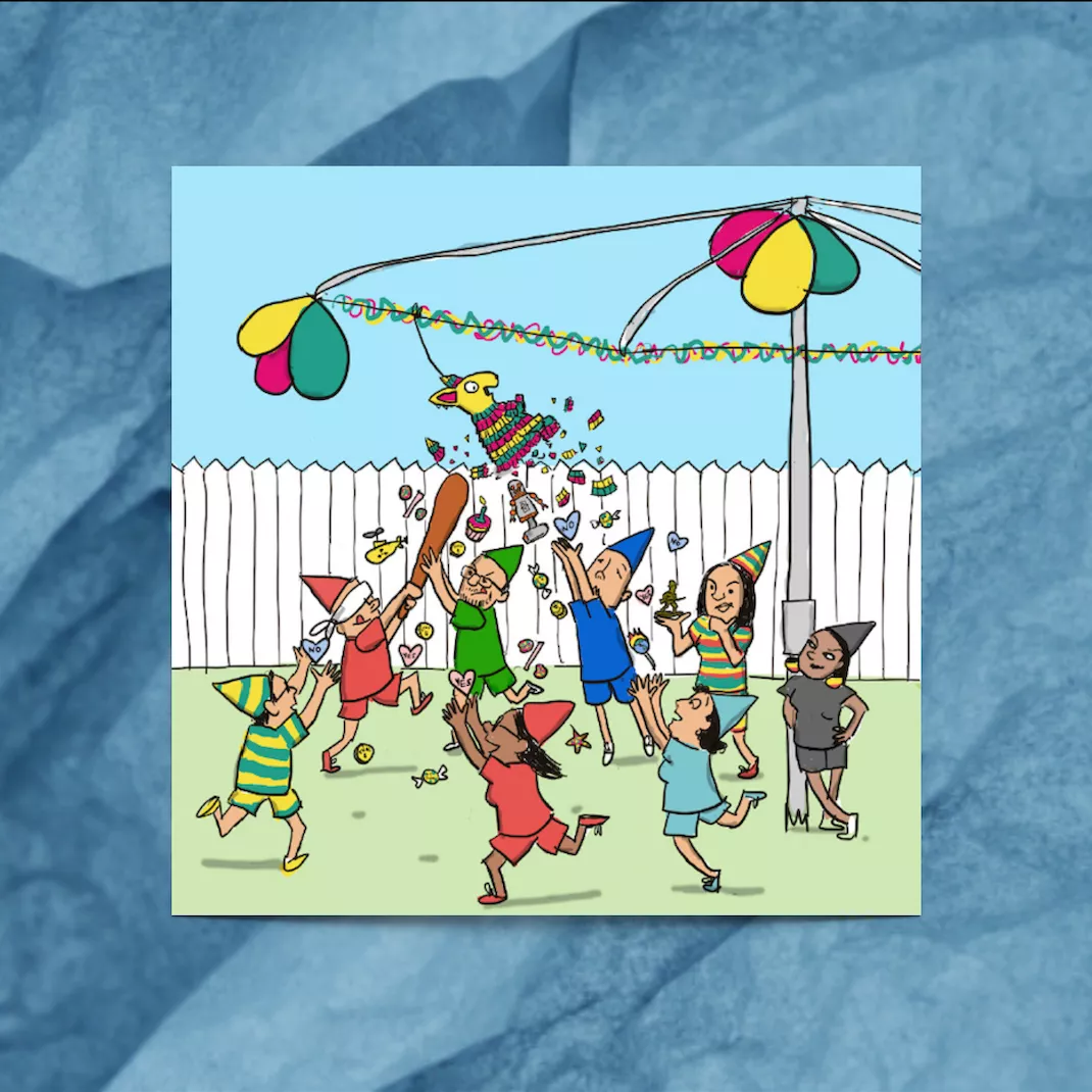 A cartoon of a group of children playing a game of piñata on a hill's hoist, surrounded by the words 'what?', 'why?', 'who?' and 'where?'