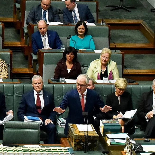 Prime minister Malcolm Turnbull standing and addressing parliament during question time in the House of Representatives.