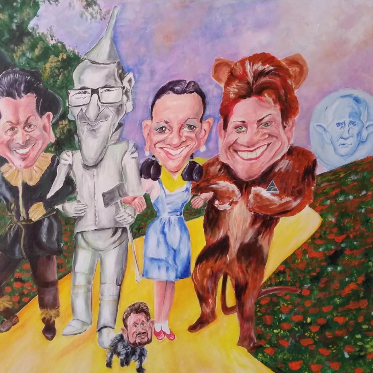 A painting depicting Australian politicians as characters from the Wizard of Oz, walking down the yellow brick road, arm in arm with big smiles on their faces.