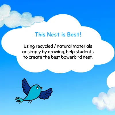 A cloud on a blue background with an activity that encourages students to create a 'nest' of recycled materials.