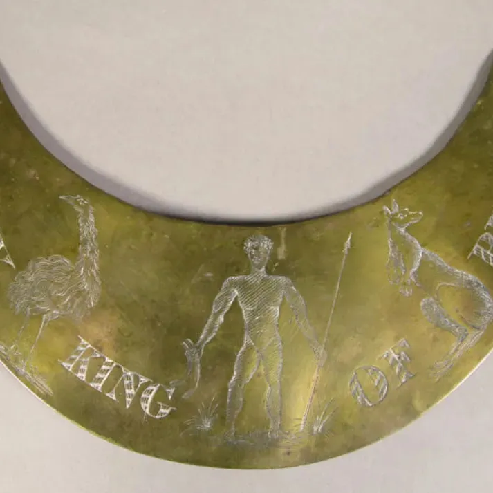 A brass breastplate with the words 'CHARLEY KING OF BURRAN' etched with illustrations of an emu, kangaroo, and a man holding a spear and two burren (boomerangs).