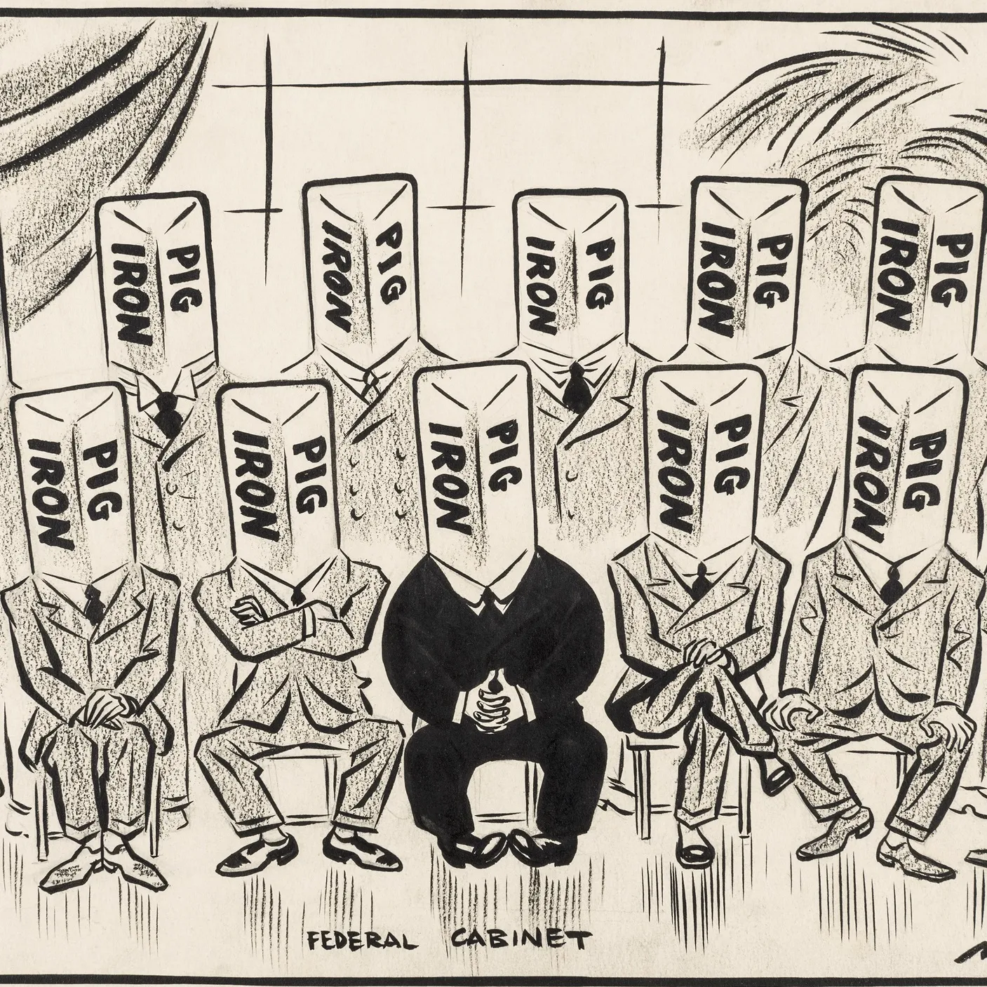 A cartoon depicting the entire Lyons Cabinet with heads made from pig iron.