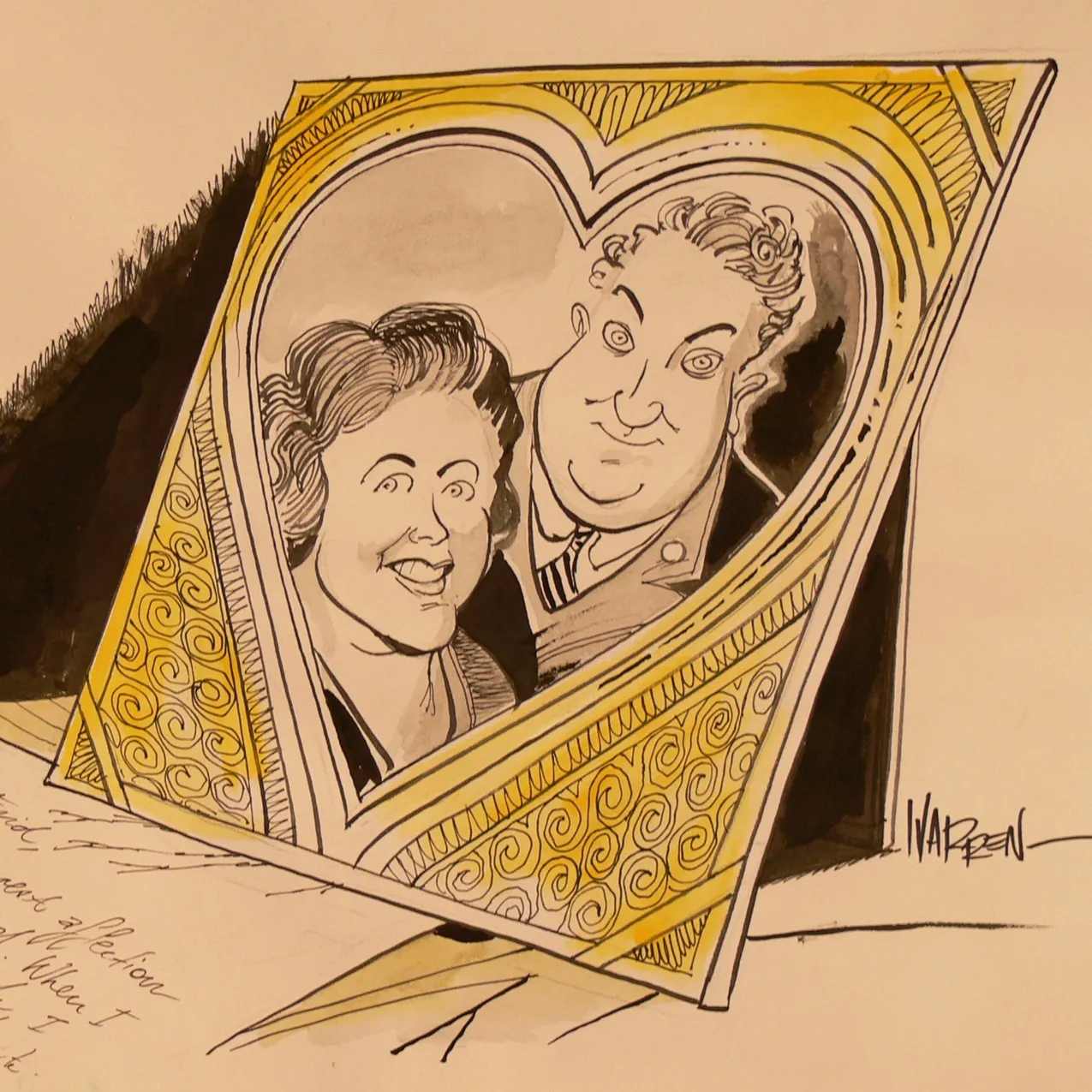 Cartoon showing a heart-shaped photo frame with Joe and Enid Lyons, on a table with a pen and a hand-written love letter addressed to 'My Darling Enid'.