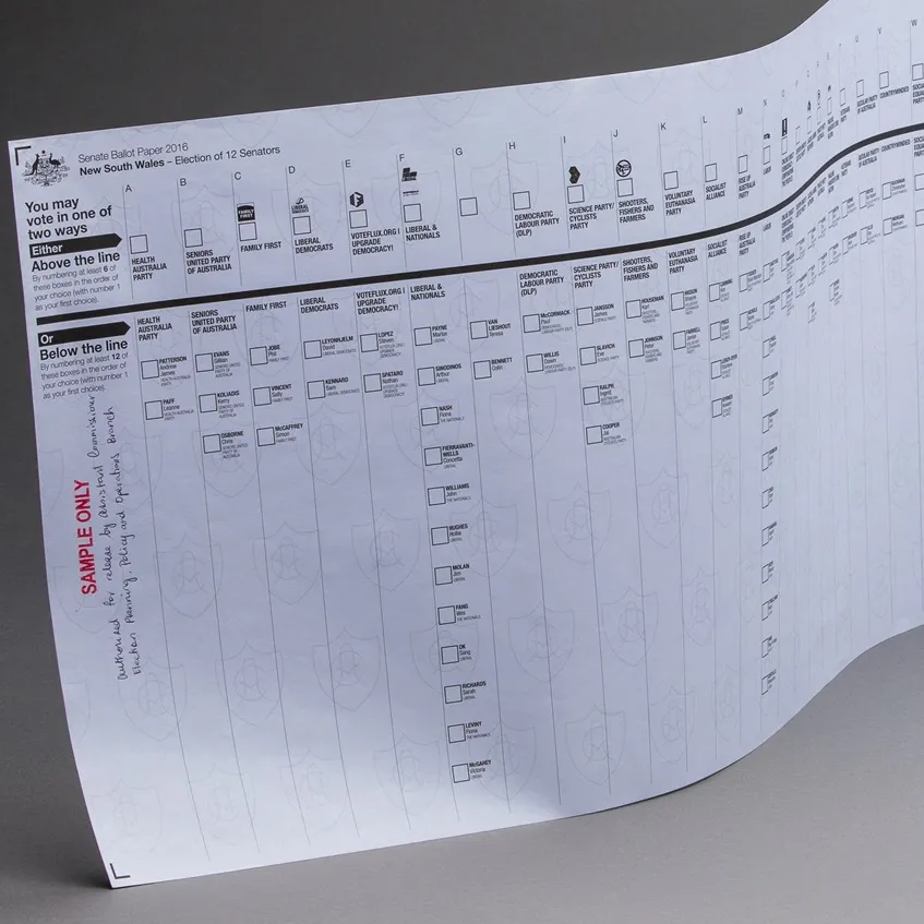 A senate ballot paper, with party names above the line and candidate names below the line, with a box next to each name.