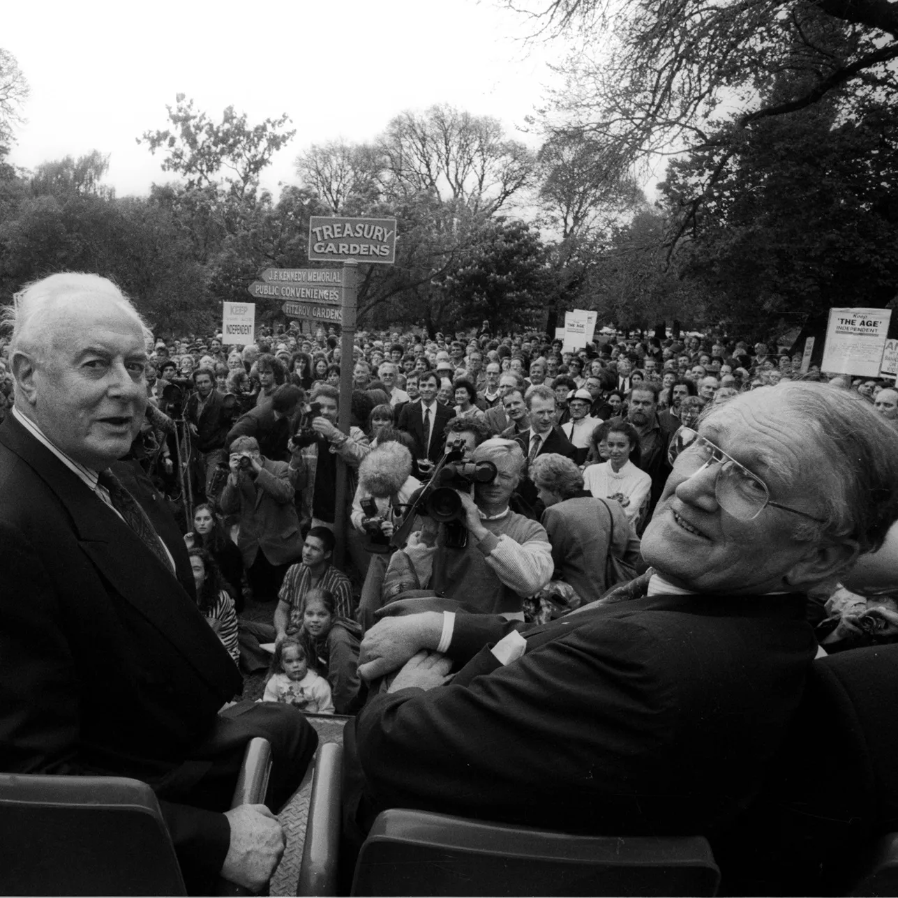 Whitlam and Fraser photographed at a rally in support of the free media.