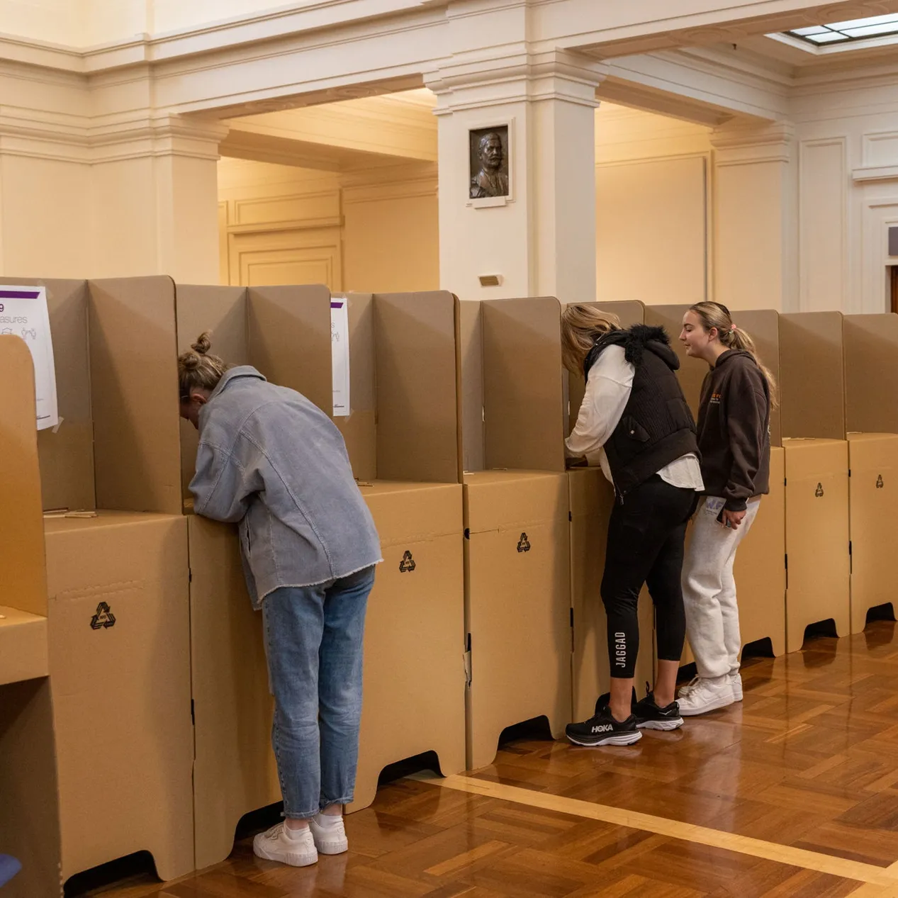 Three women standing at cardboard polling booths in King's Hall. 