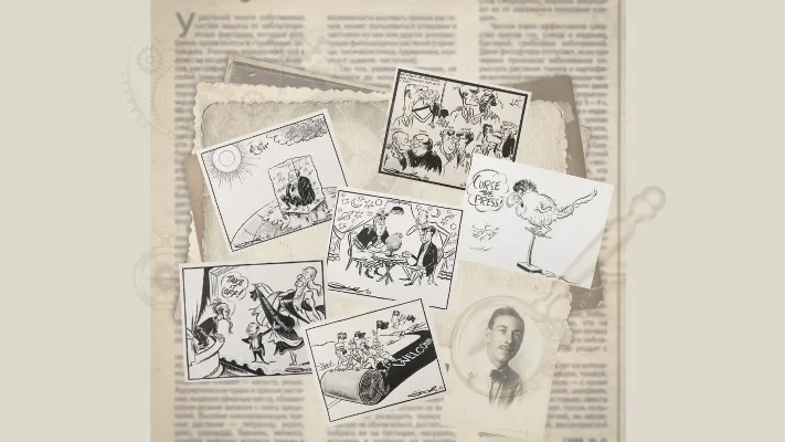 On a newspaper background there are various political cartoons in black and white.