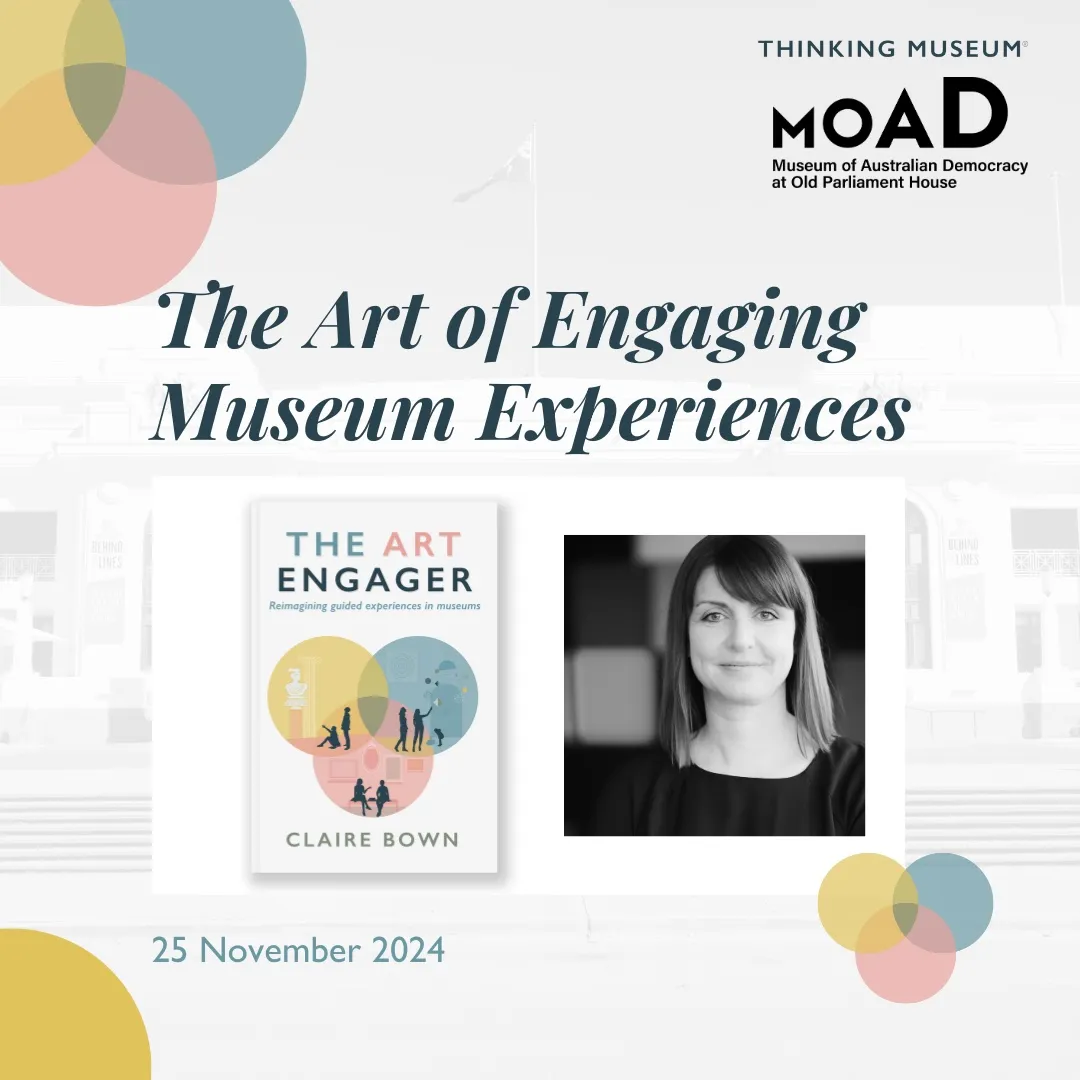 A photo of a woman next to a book cover, titled 'The Art Engager'. Text on the page reads, 'The Art of Engaging Museum Experiences'. 