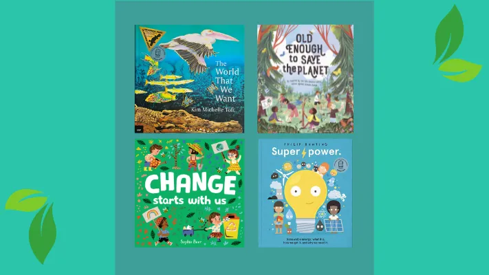 On a green background there are four picture book covers on sustainability topics.