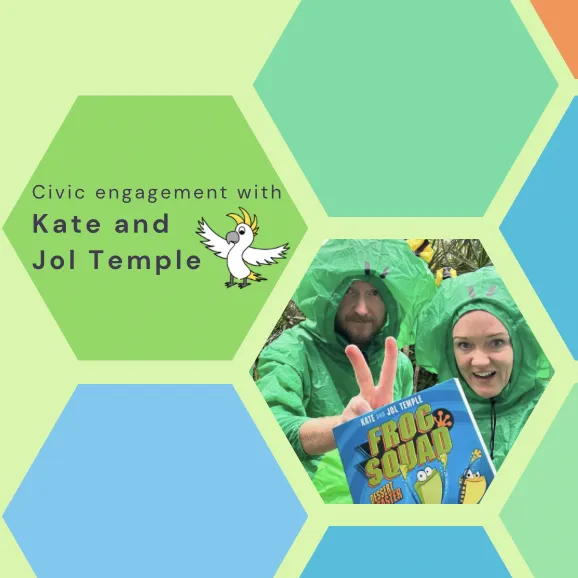 A green background with coloured tiles and the words 'Civic engagement with Kate and Jol Temple'. There is a photo of Kate and Jol Temple in green frog costumes in the centre tile.