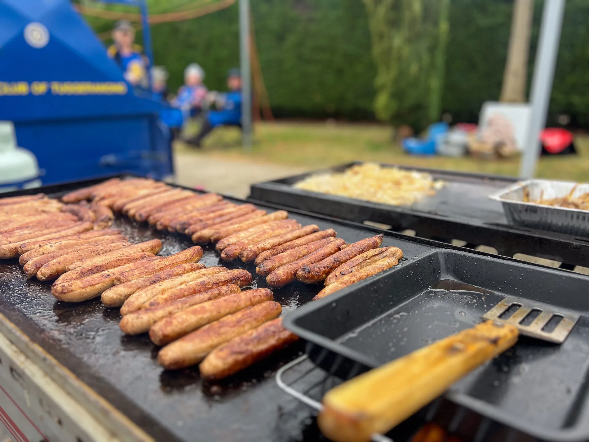 Sausages are lined up in two rows on a barbecue plate at an outdoor fundraising sausage sizzle at Old Parliament House.