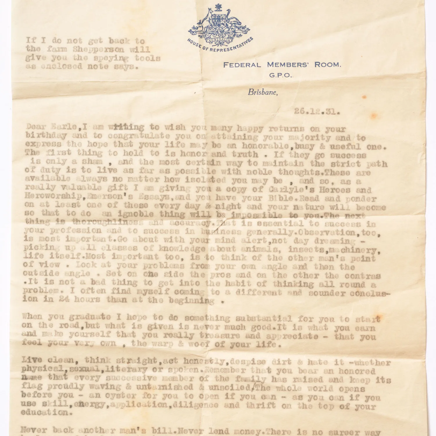 An old typewritten letter on aged paper from Earle Page to his son dated 26 December 1931. A blue House of Representatives crest is at the top.