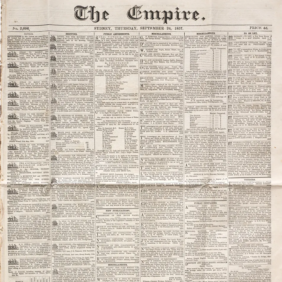 The front page of The Empire newspaper dated Thursday September 24, 1857.