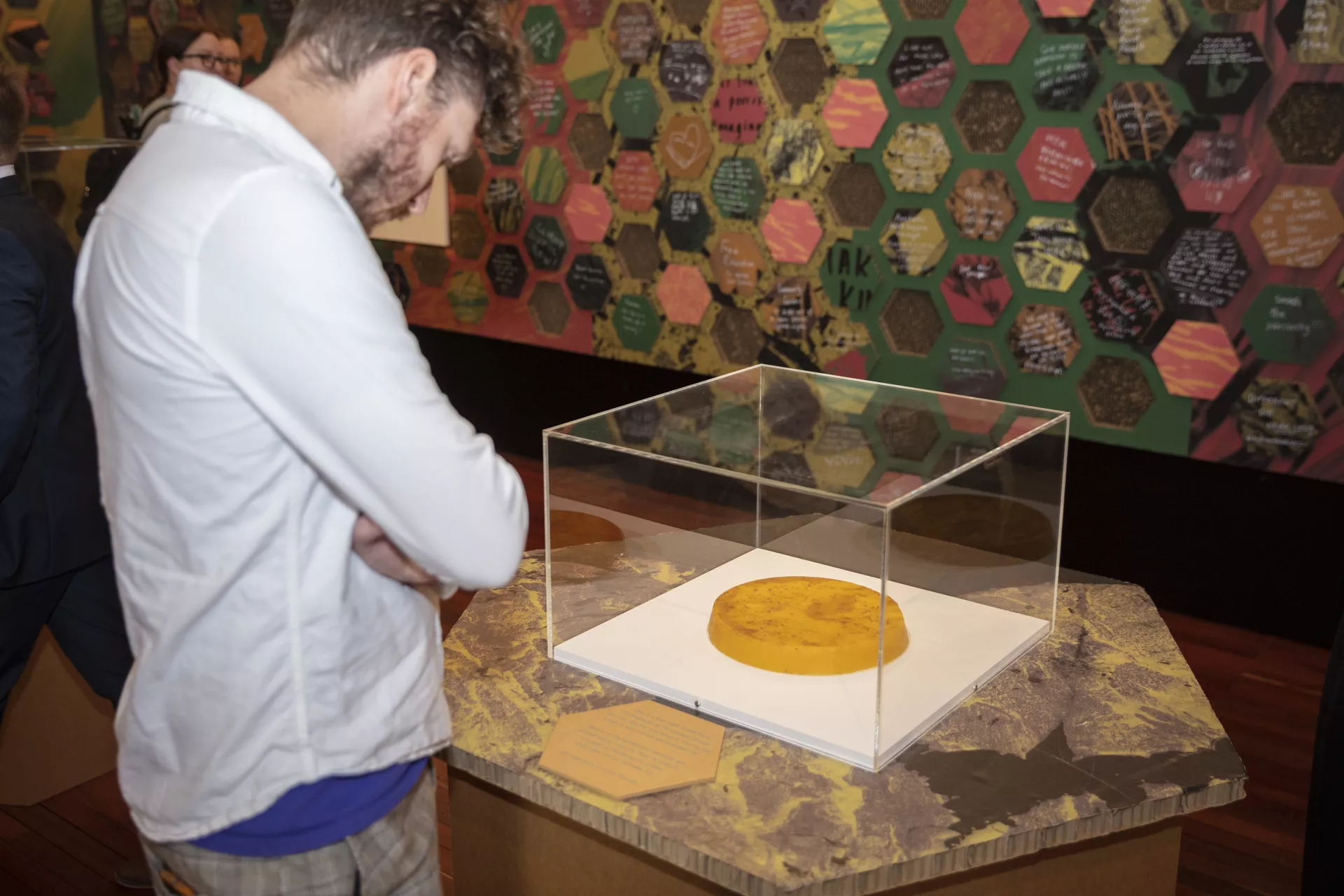 A man peers into a glass display case that has a large round yellow ball of bee wax, 