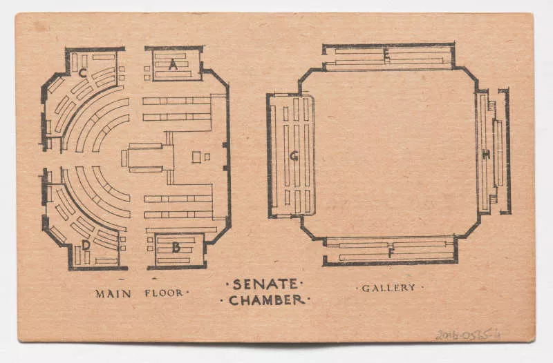 Photograph of an orange ticket displaying an overlay of the Senate Chamber and its galleries.