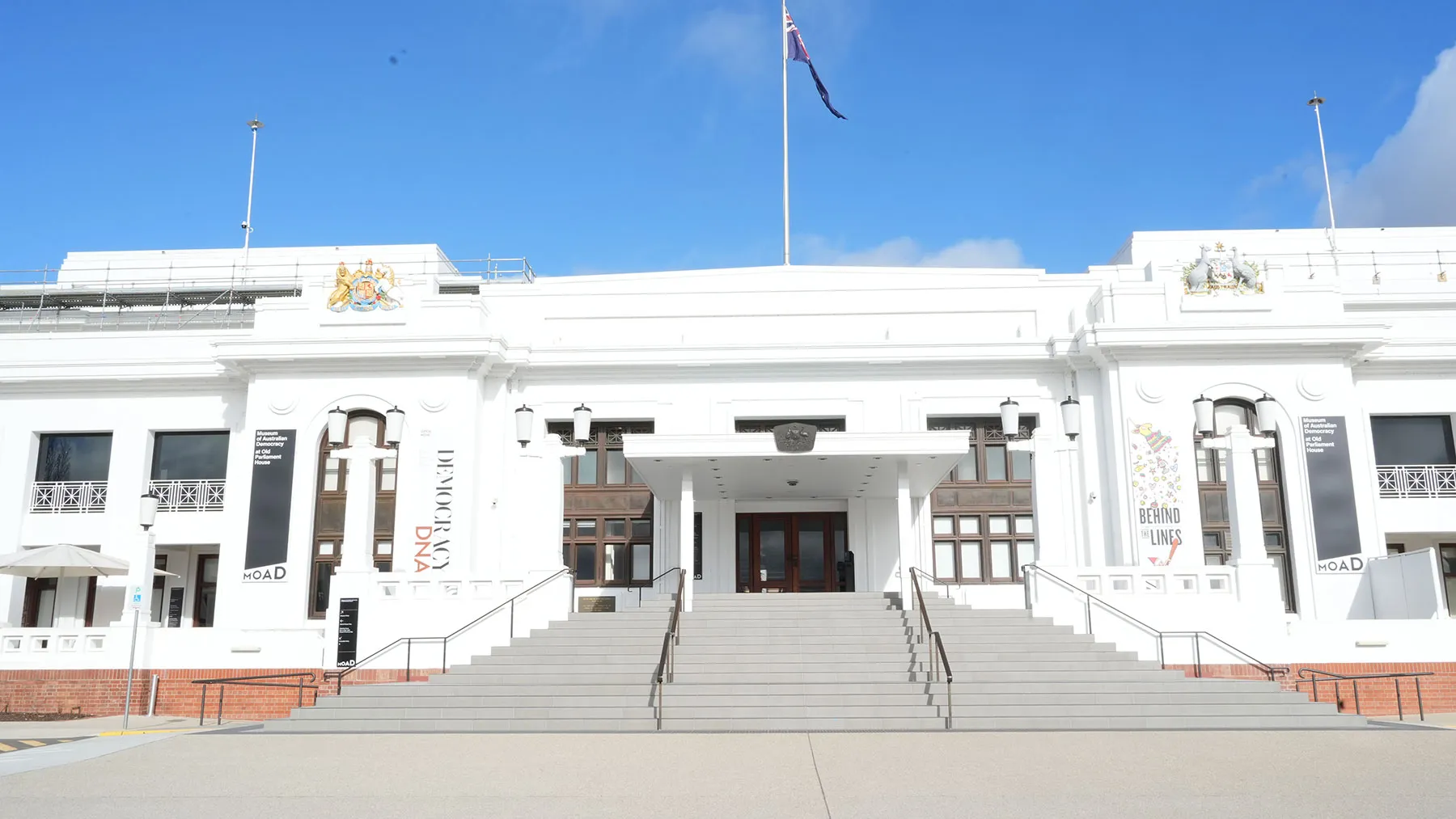 Staircase leading to the front entrance to the Museum of Australian Democracy at Old Parliament House. Staircase leading to the front entrance to the Museum of Australian Democracy at Old Parliament House.