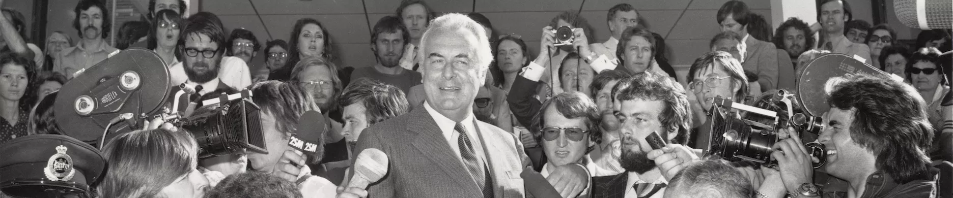 Photograph of Gough Whitlam on the front steps during his dismissal on the 11th of November 1975 Photograph of Gough Whitlam on the front steps during his dismissal on the 11th of November 1975