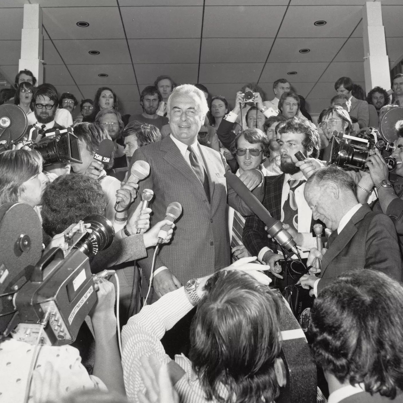 Photograph of Gough Whitlam on the front steps during his dismissal on the 11th of November 1975 Photograph of Gough Whitlam on the front steps during his dismissal on the 11th of November 1975